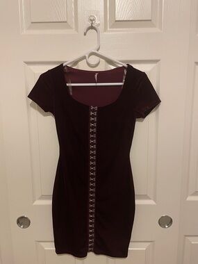 Velvet Hook-and-Eye Mini Dress in Burgundy